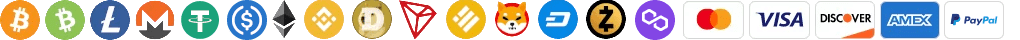 bitcoin, bitcoin cash, litecoin, monero, USDT, USDC, ethereum, BNB, dogecoin, tron, BUSD, shiba inu, dash, zcash, polygon, mastercard, visa, discover, american express, paypal